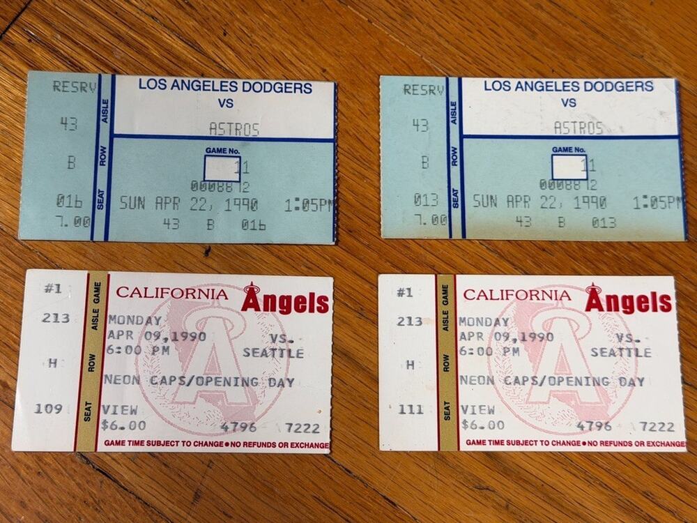 1990 Dodgers & California Angels Opening Day Ticket Stub Lot of 4